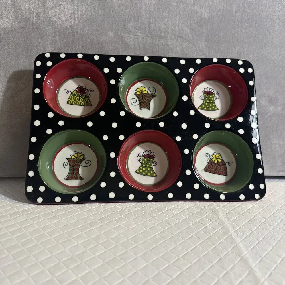 Pier 1 Christmas Holiday Handpainted Muffin Cupcake Polka Dot Ceramic Pan
